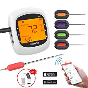 Wireless Meat Thermometer for Grilling, Bluetooth Meat Thermometer Digital BBQ Cooking Thermometer with 4 Probes, Alarm Monitor Cooking Thermometer for Barbecue Oven Kitchen, Support IOS & Android